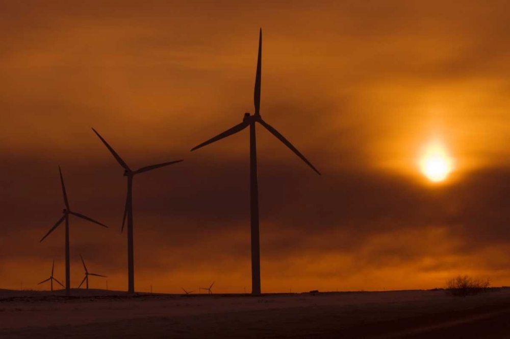 Canada, Somerset Wind turbines at sunset art print by Mike Grandmaison for $57.95 CAD